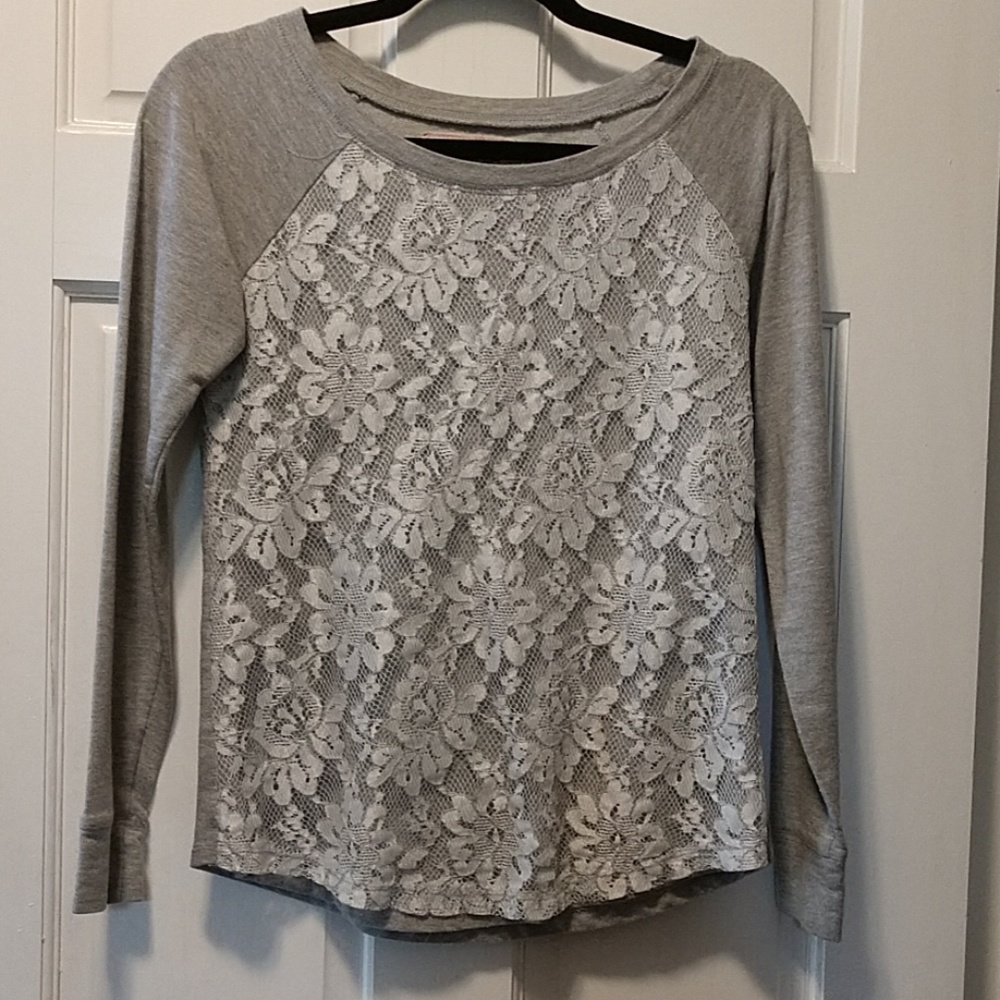 Gray Crew Neck Sweater with Lace overlay